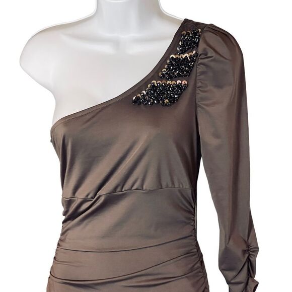 NWT NIKIBIKI Small Ruched Tan Beaded One Shoulder Dress. - Picture 6 of 10